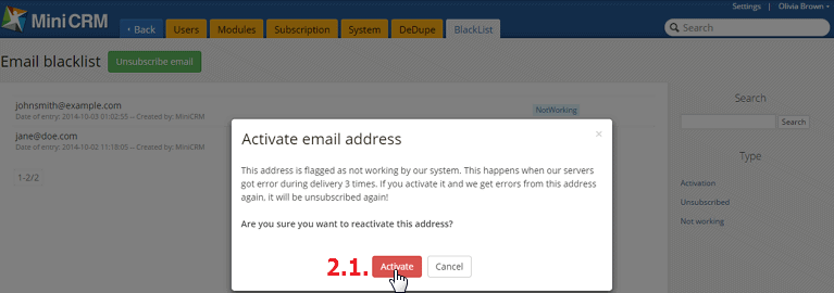 Email címek
aktiválása